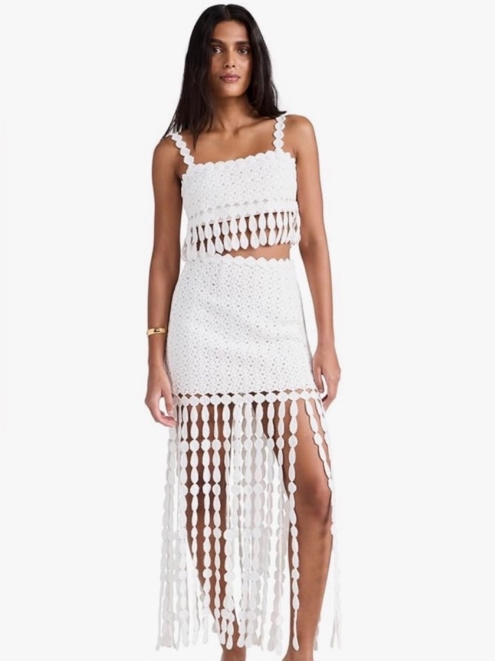 SAYLOR White Crochet High-Low Fringe Skirt Set with Crop Top